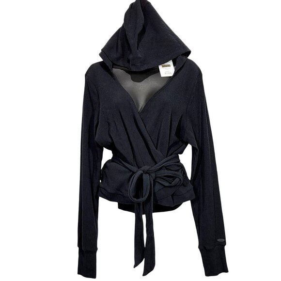 Gymshark Studio Recovery Hoodie Womens XL Black Ribbed Cozy Front Tie Wrap NEW - Picture 1 of 13